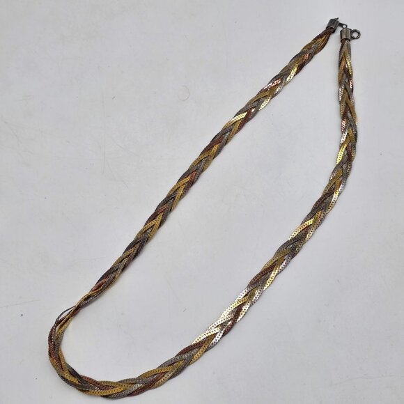 Tri-Color Braided Necklace With Silver/Gold/Copper-Tone Twist Barrel Clasp - Picture 6 of 6